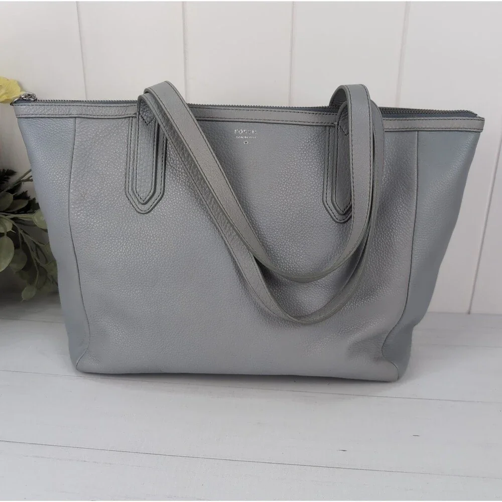 Fossil Sydney Large Leather Tote Smokey Blue Grey